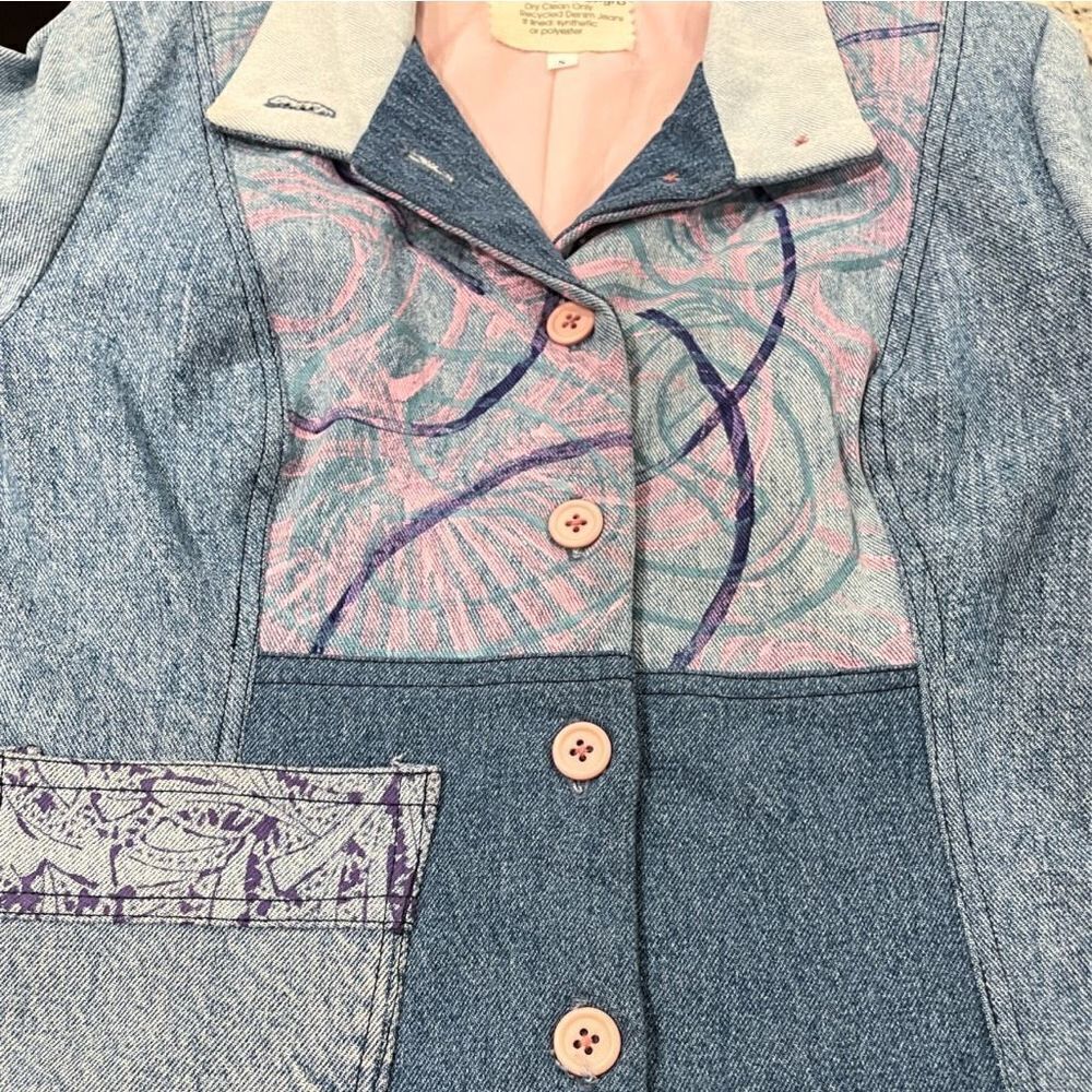 VINTAGE Original Hand Painted Upcycled Denim Patchwork Blazer Jacket Size Small - Picture 4 of 16